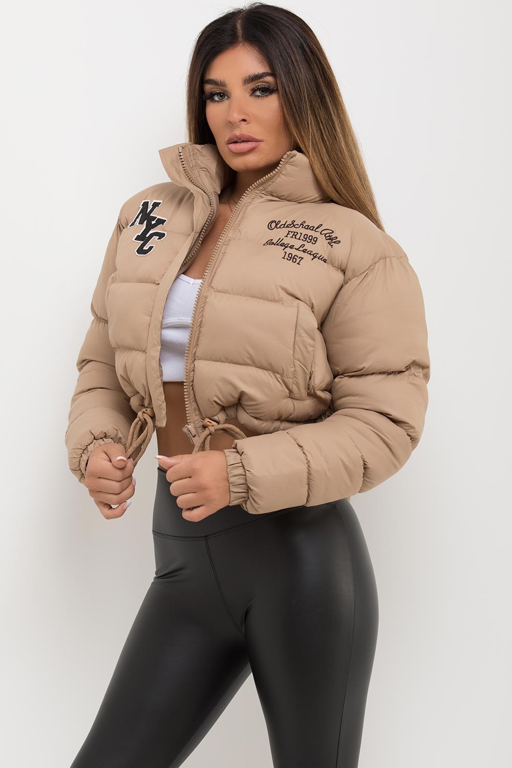 Crop Puffer Jacket With NYC Embroidery Beige