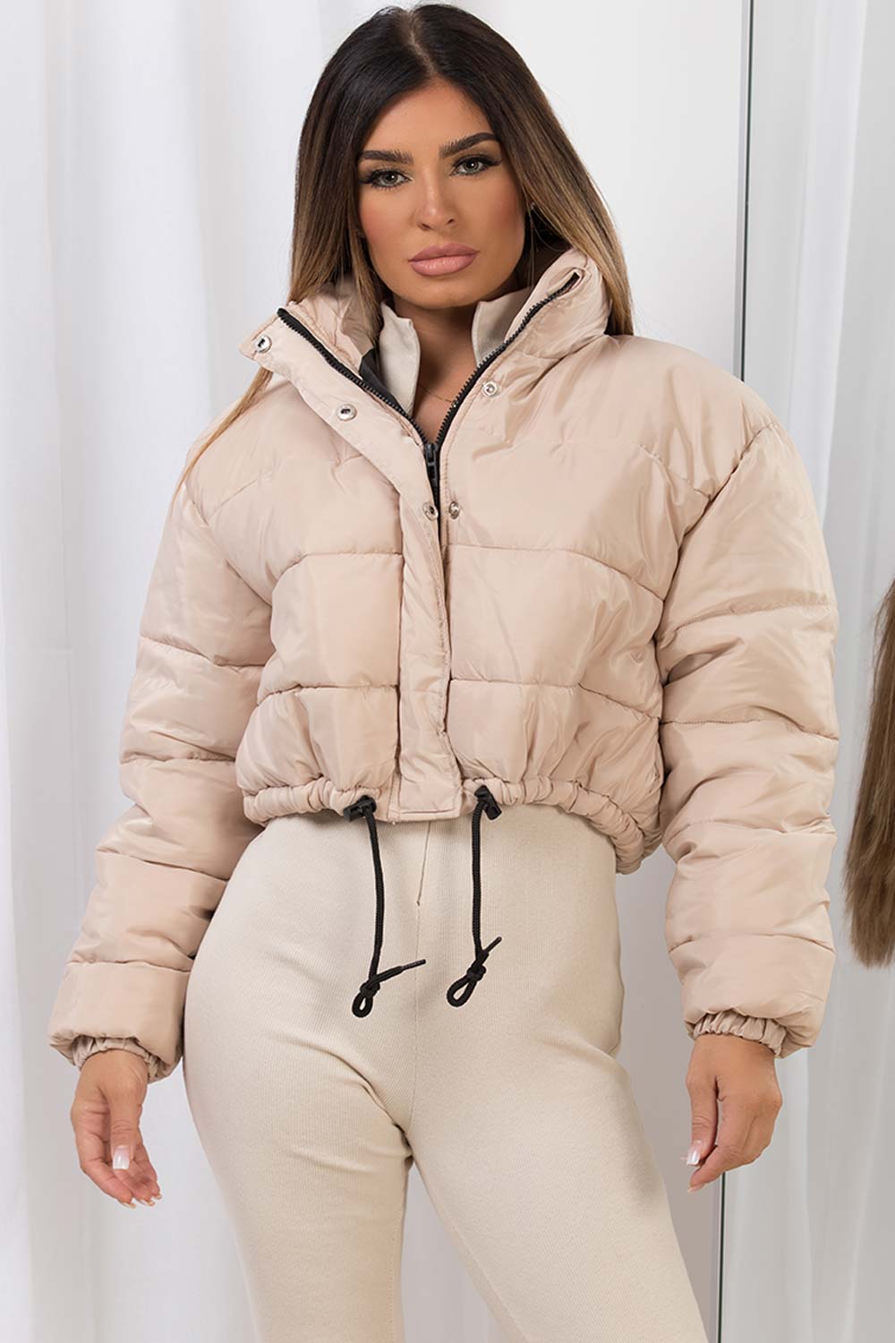 Beige Crop Puffer Jacket