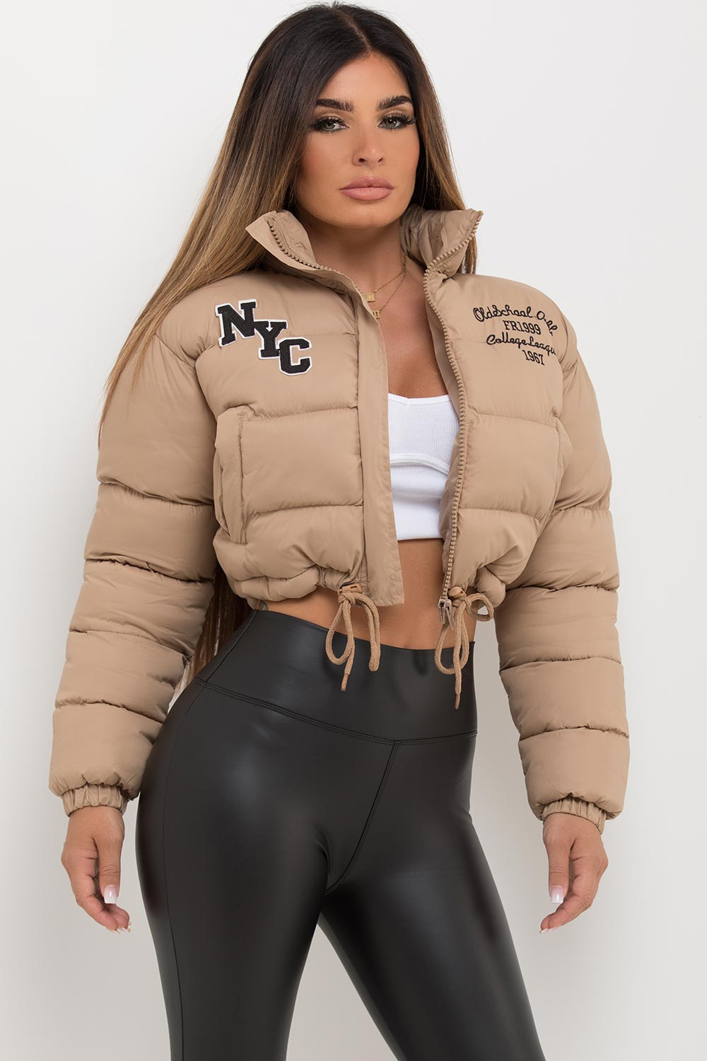 Crop Puffer Jacket With NYC Embroidery Beige