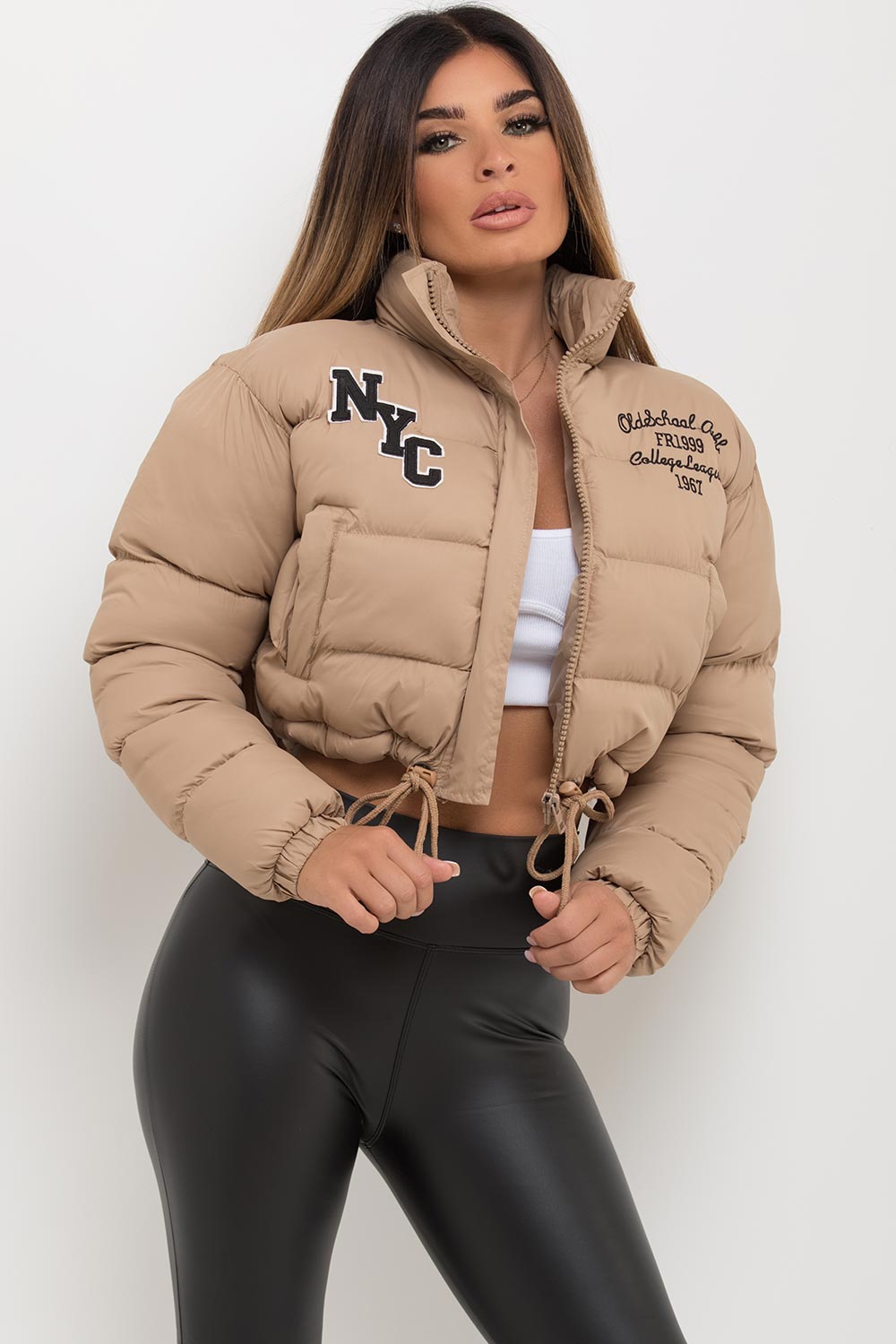 Crop Puffer Jacket With NYC Embroidery Beige