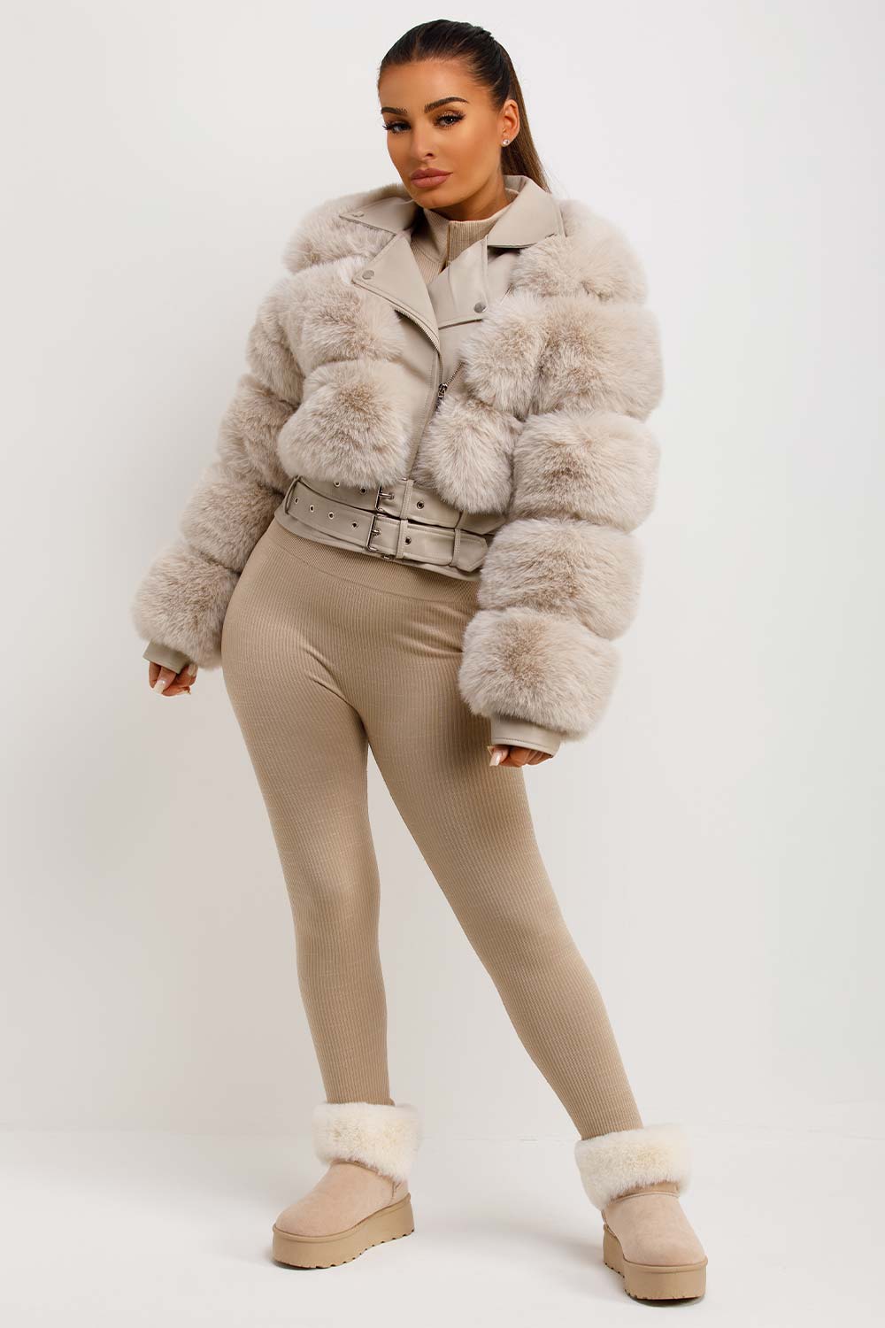 Faux Fur Faux Leather Aviator Jacket With Belt Beige