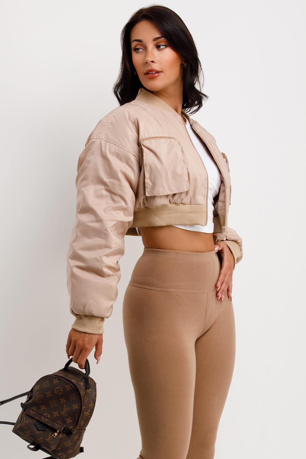 Crop Bomber Jacket With Pockets Beige