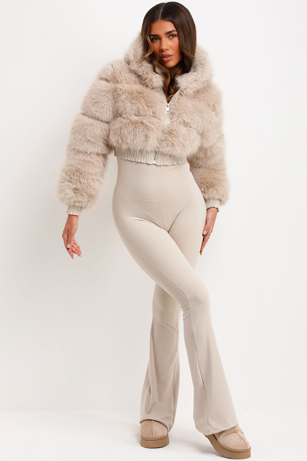 Crop Faux Fur Jacket With Hood Beige