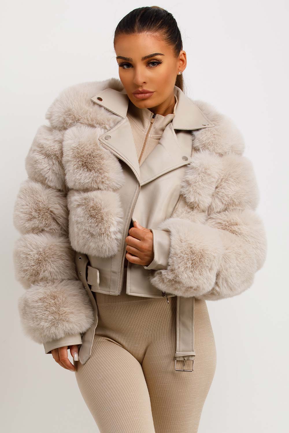 Faux Fur Faux Leather Aviator Jacket With Belt Beige