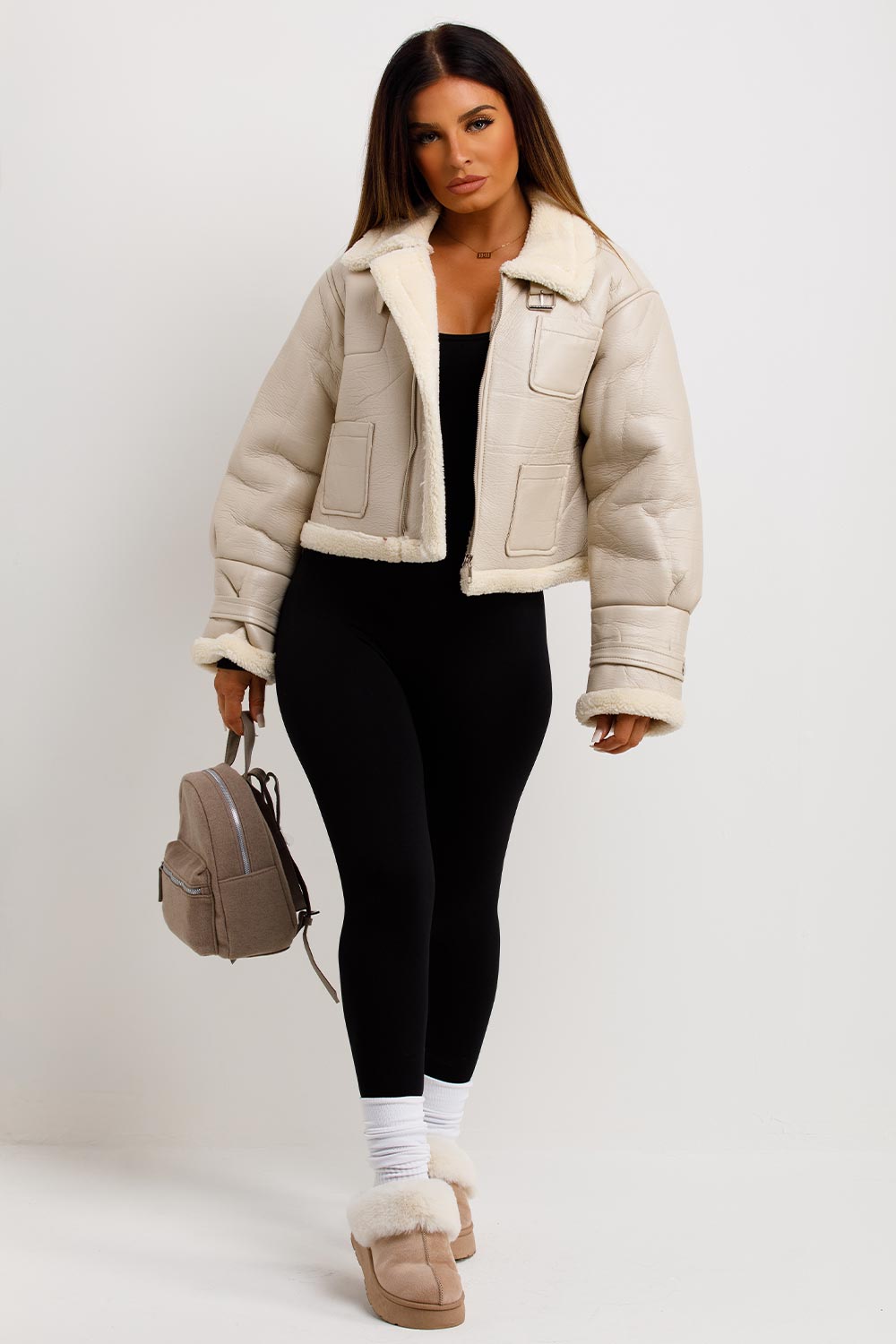 Crop Aviator Jacket Beige