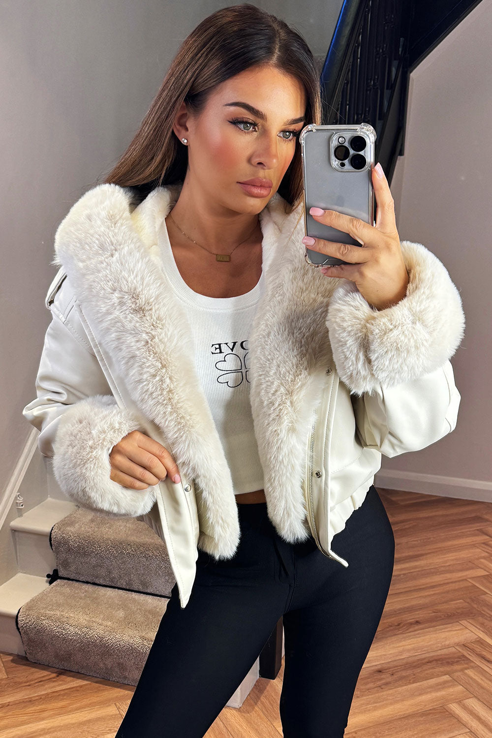 Faux Fur Bomber Jacket In Faux Leather Beige