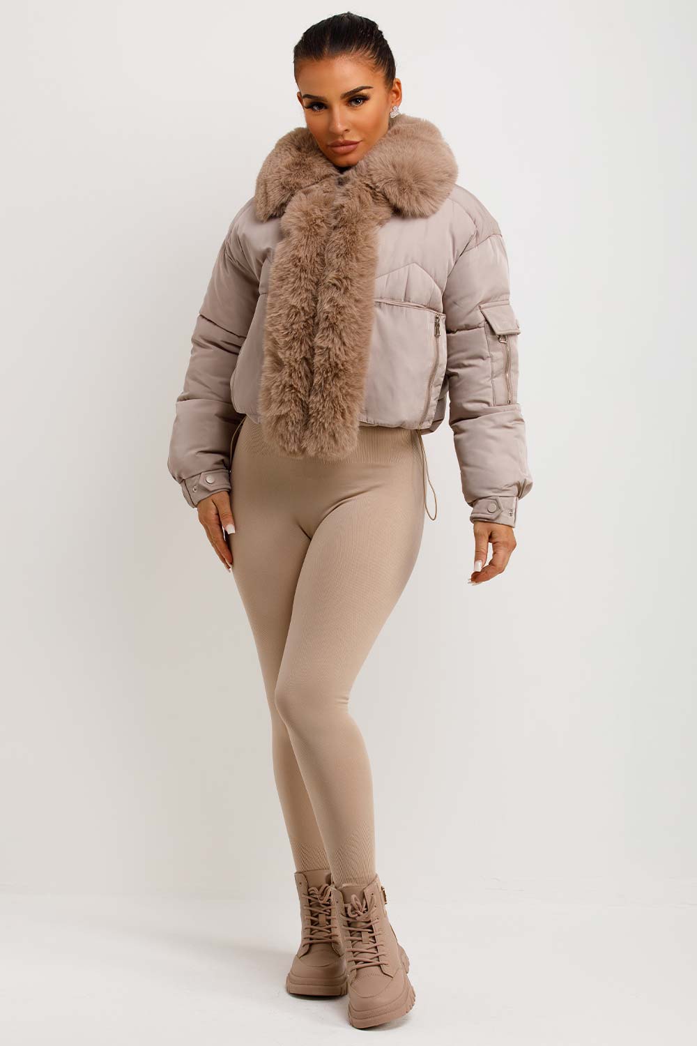 Puffer Jacket With Fur Trim Beige