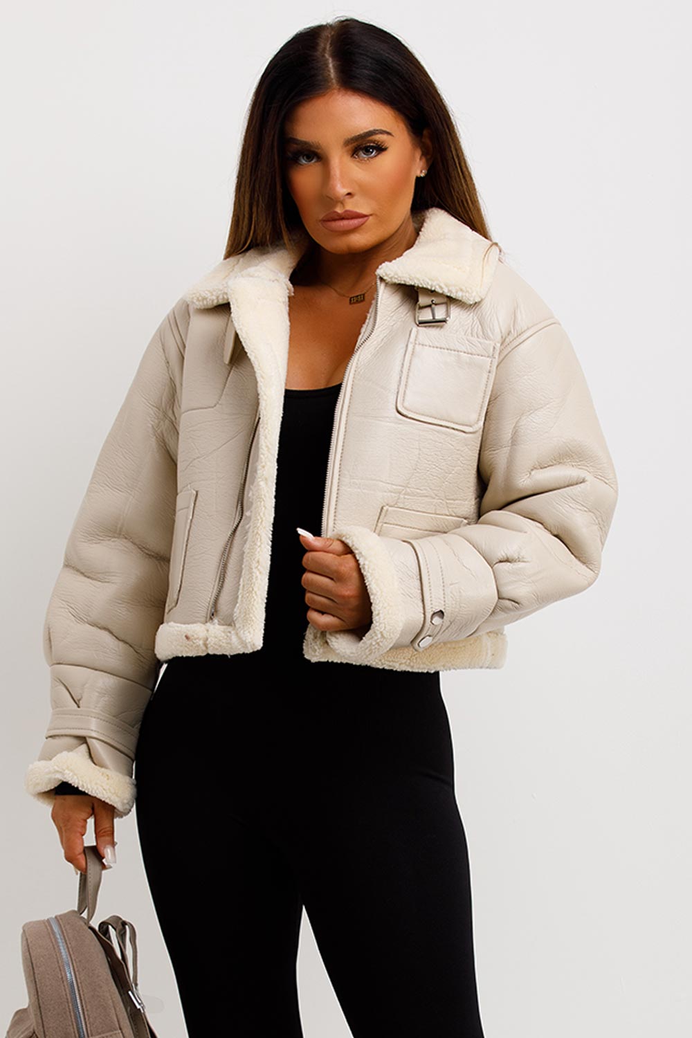 Crop Aviator Jacket Beige