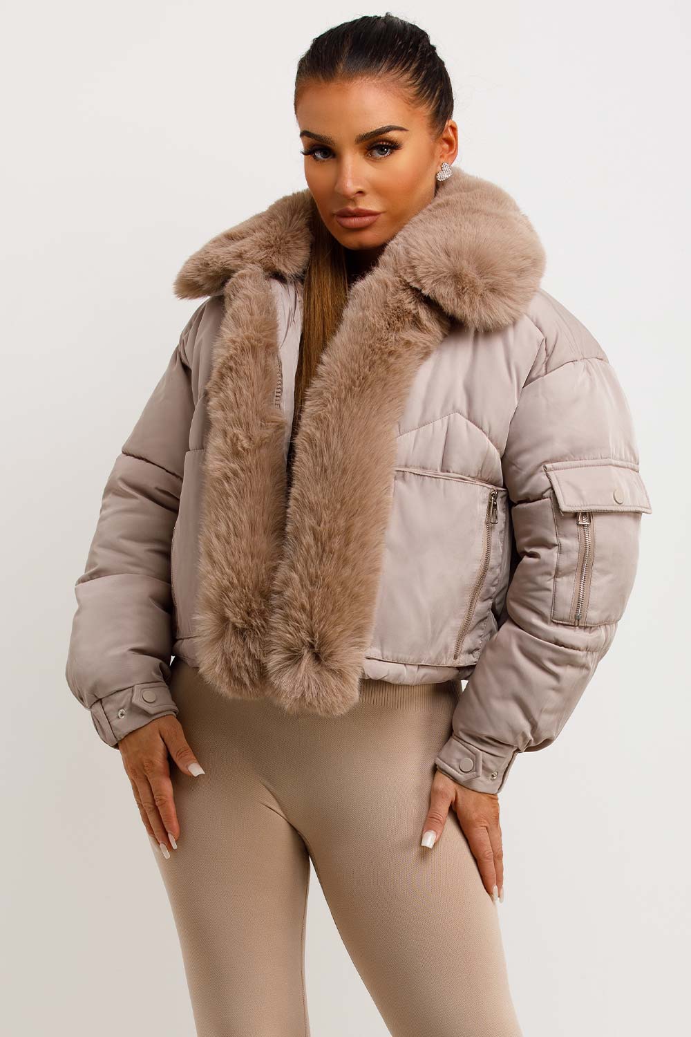 Puffer Jacket With Fur Trim Beige