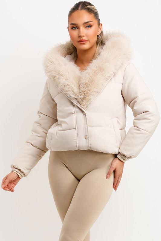 Bomber Jacket With Fur Hood And Trim Beige