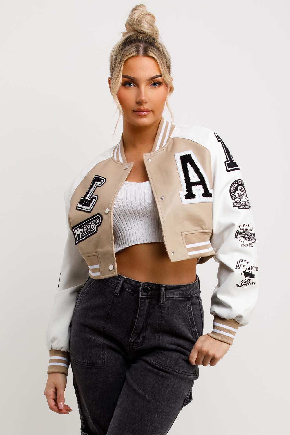 Varsity Bomber Faux Leather Jacket With Letter Detail Beige