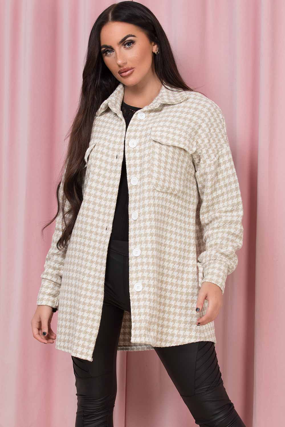 Beige Dogtooth Shacket Oversized Jacket