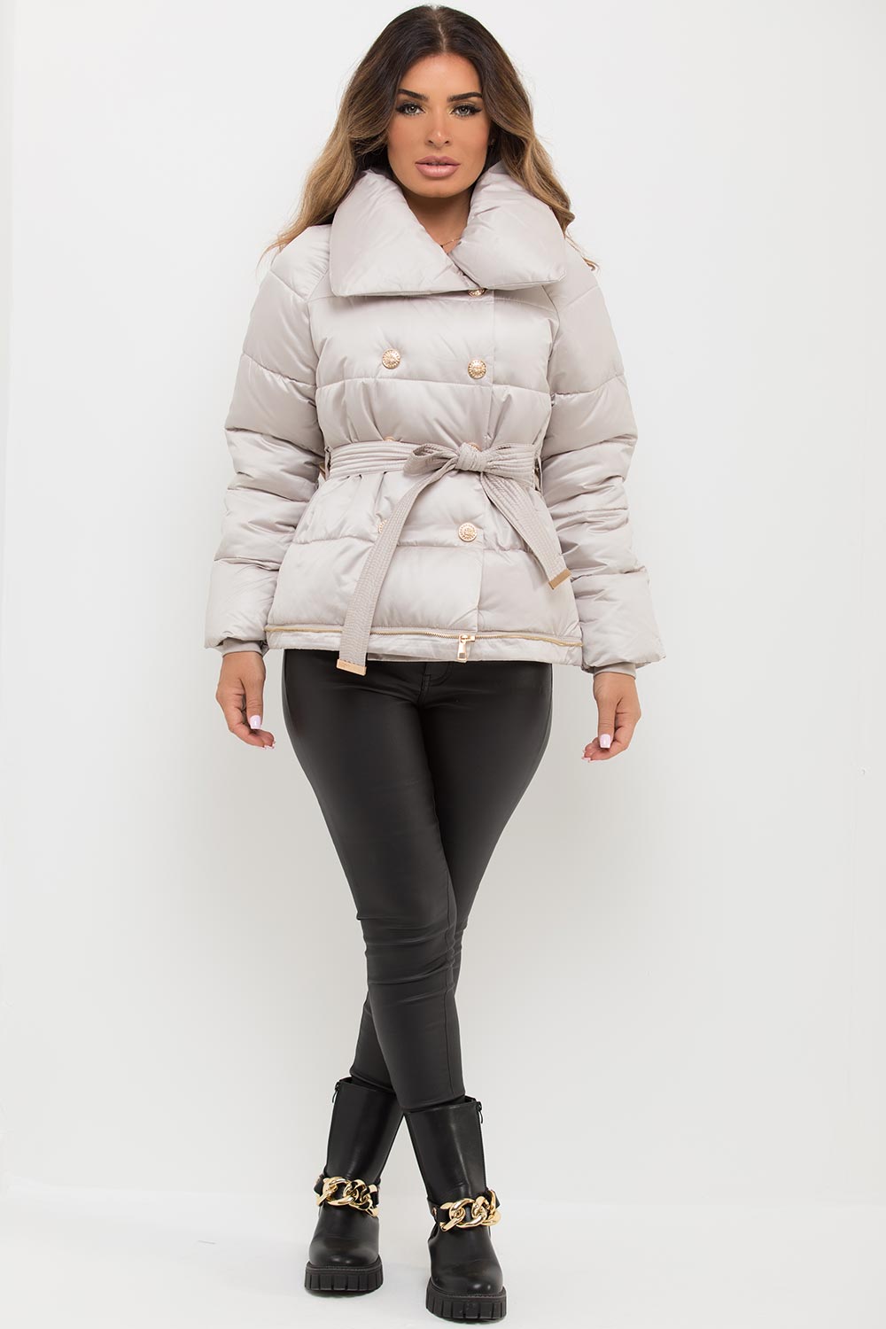 Beige Longline Puffer Coat With Gold Buttons