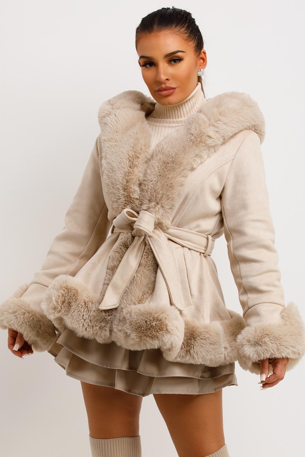 Beige Faux Fur Faux Suede Hooded Belted Coat