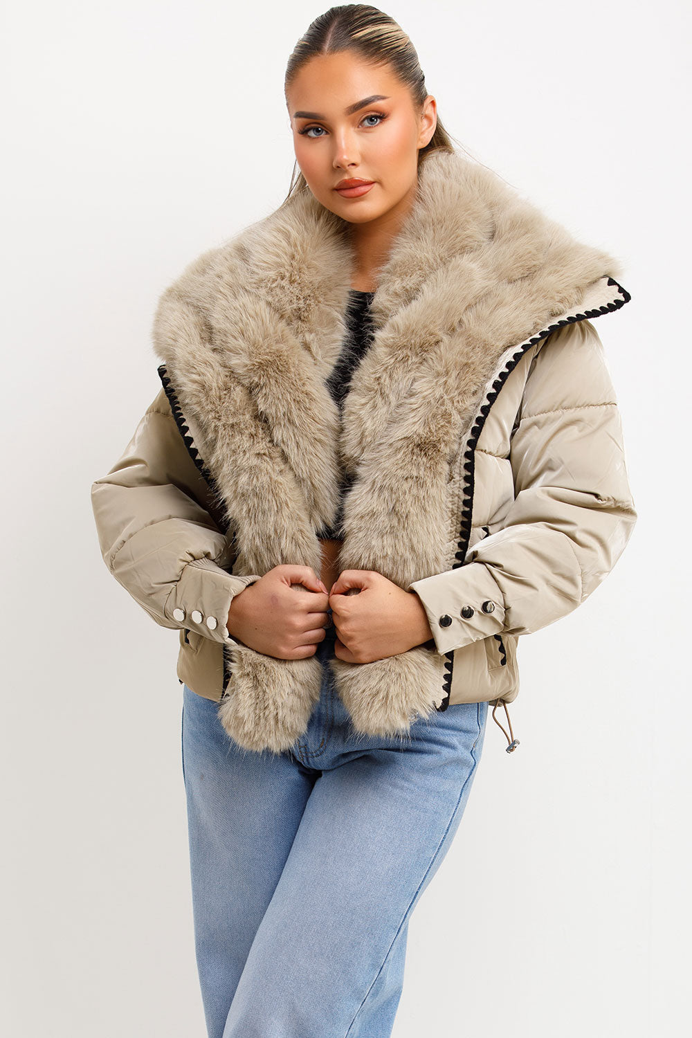 Faux Fur Collar And Trim Puffer Coat With Contrast Stitching Detail Beige