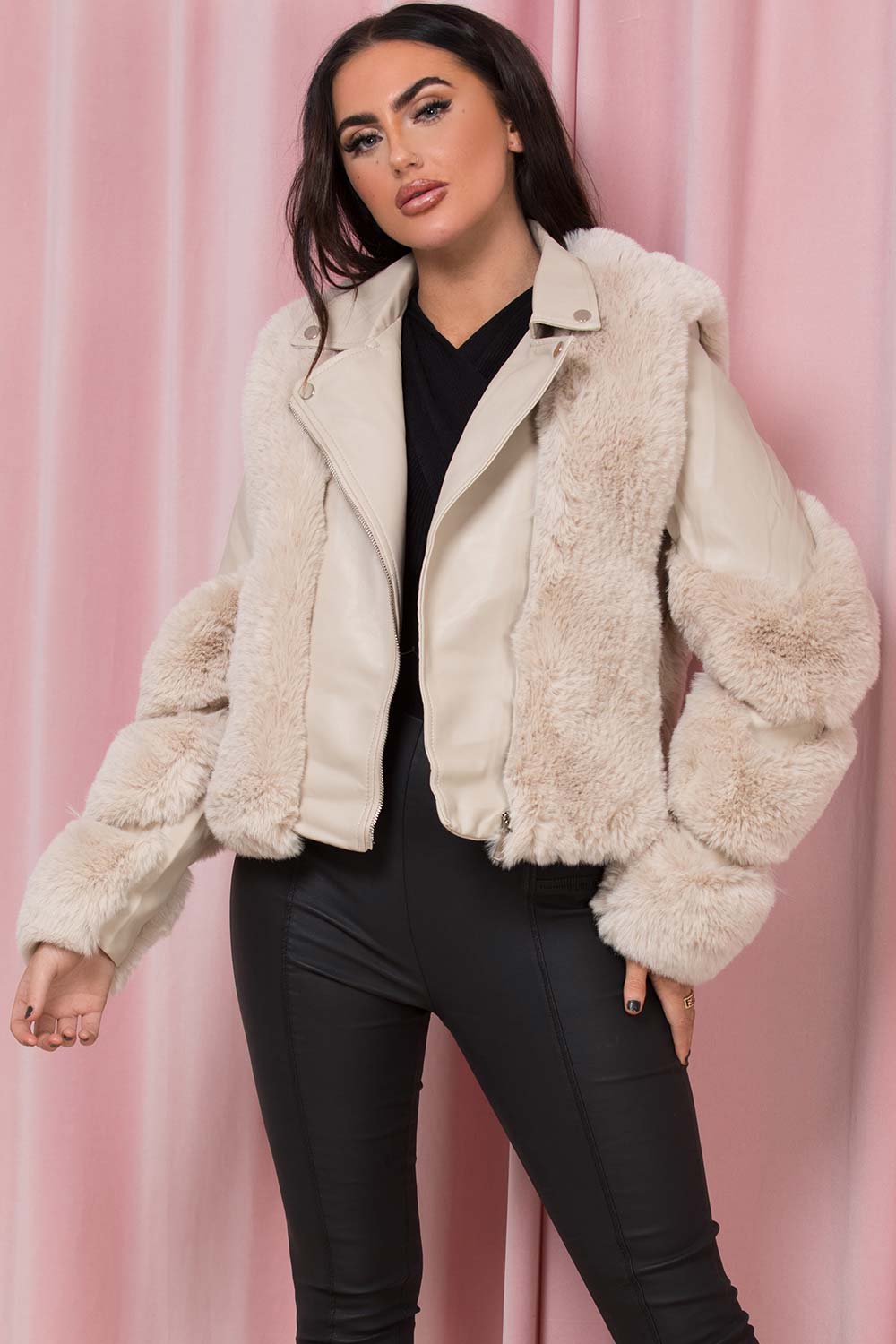 Faux Leather Aviator Jacket With Faux Fur Beige