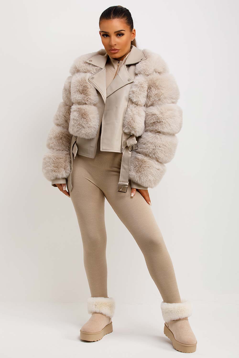 Faux Fur Faux Leather Aviator Jacket With Belt Beige