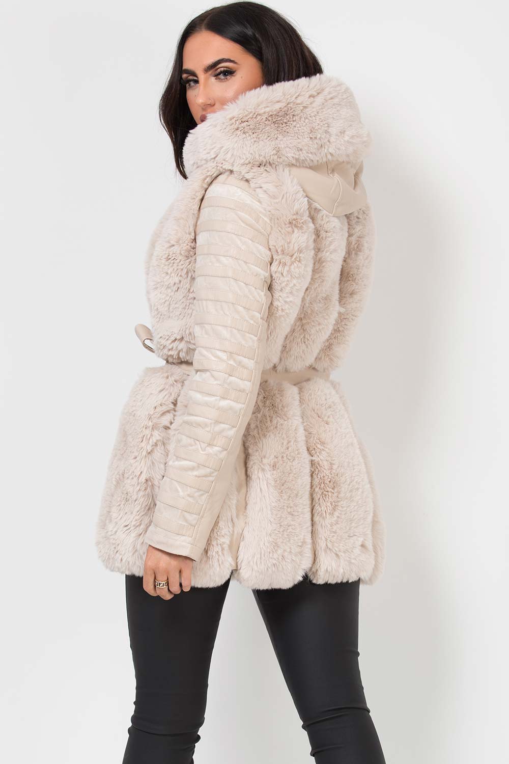 Faux Fur Faux Leather Hooded Panelled Sleeve Jacket Cream