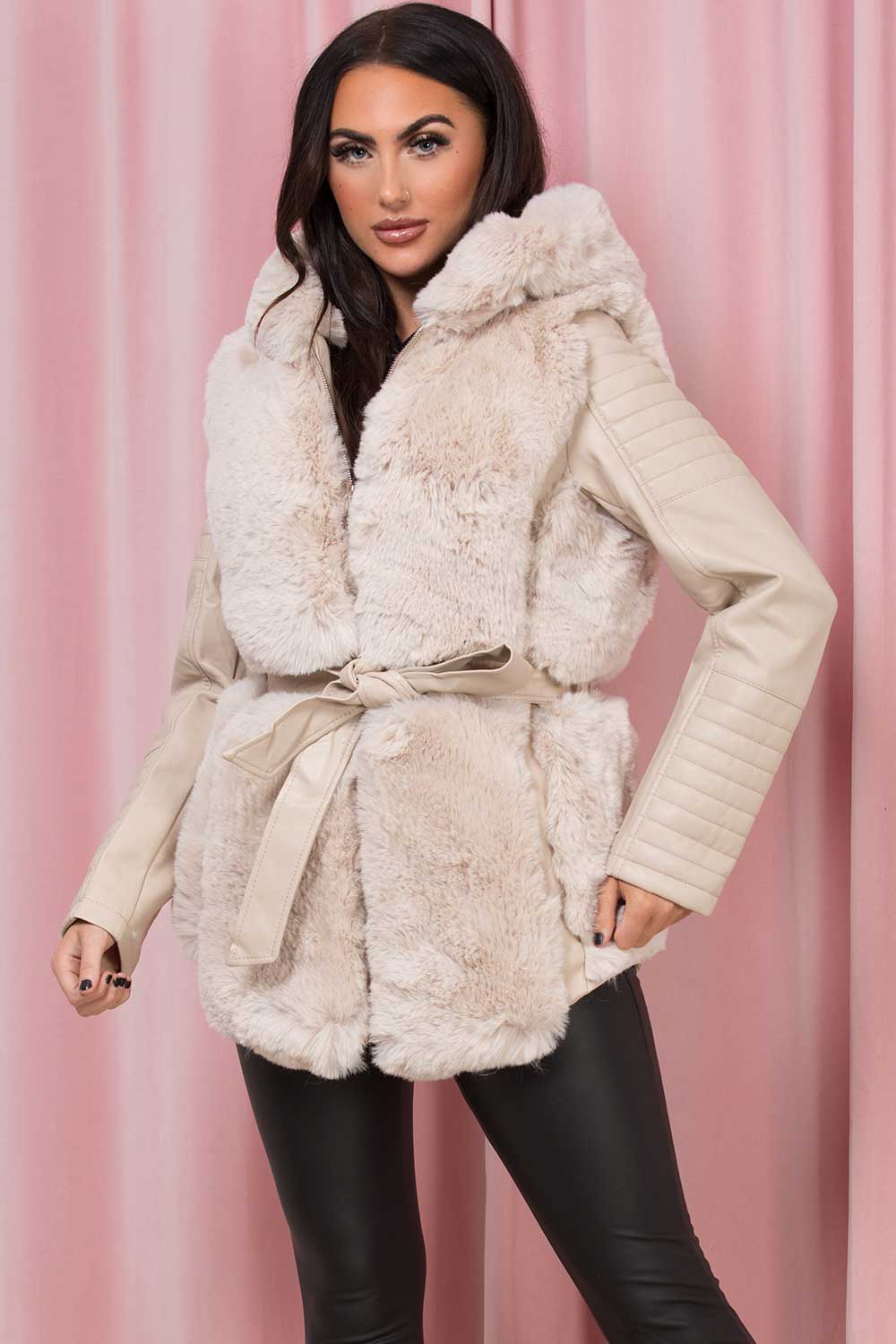 Faux Leather Jacket With Faux Fur Panel Cream