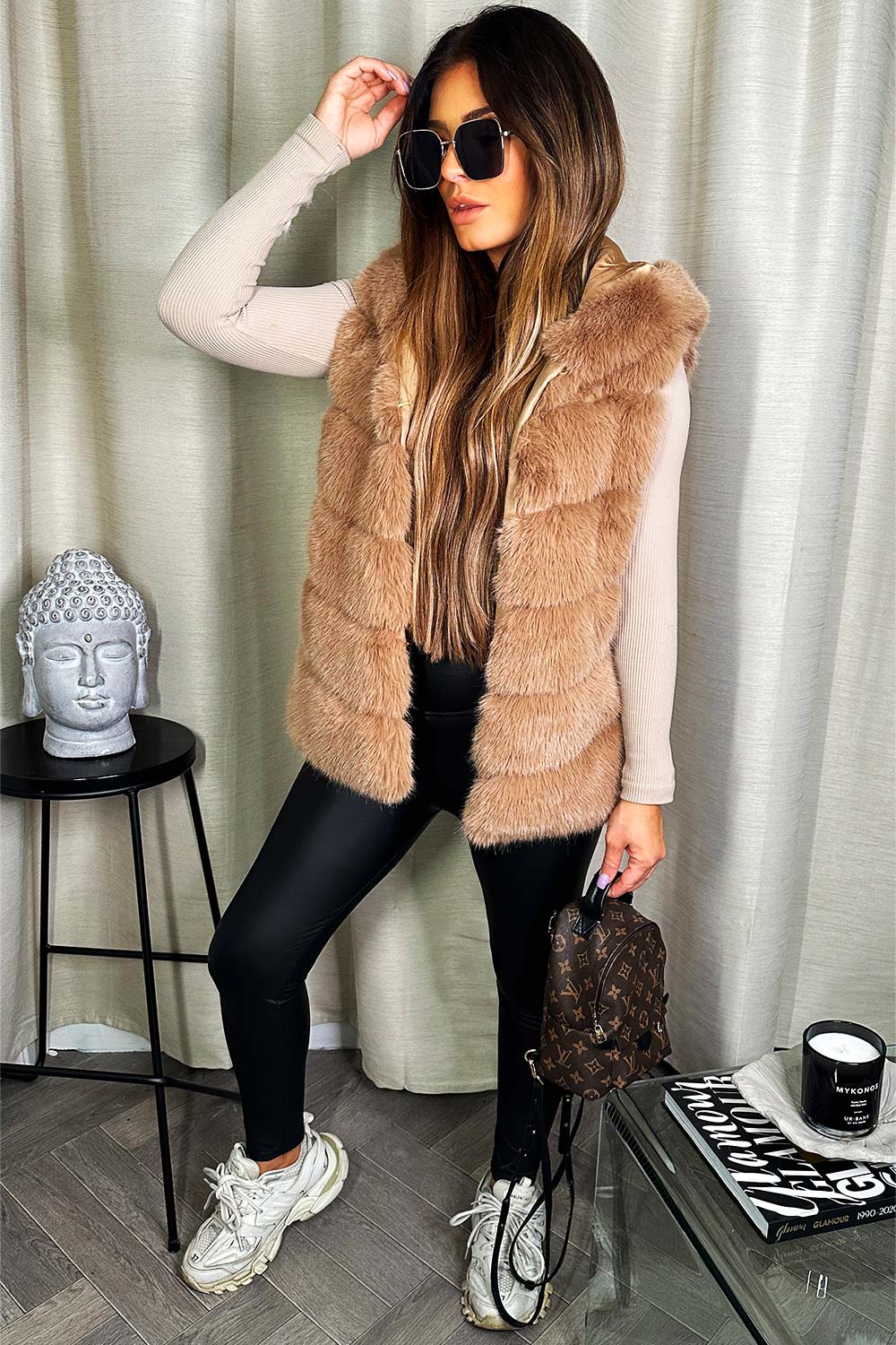 Faux Fur Hooded Gilet Beige