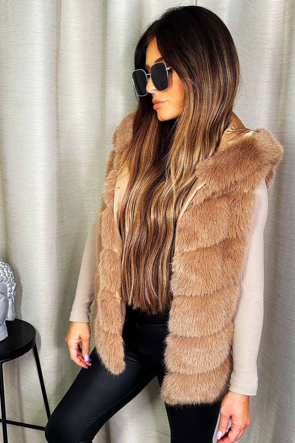 Faux Fur Hooded Gilet Beige