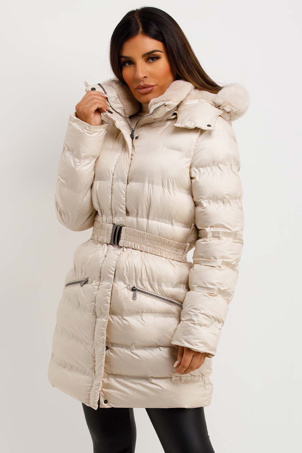 Puffer Padded Coat With Fur Hood And Belt Beige