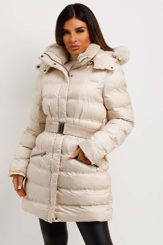 Puffer Padded Coat With Fur Hood And Belt Beige