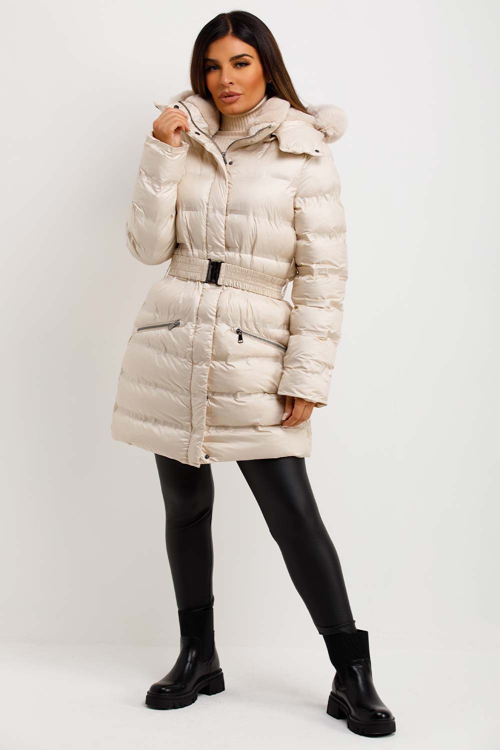 Puffer Padded Coat With Fur Hood And Belt Beige