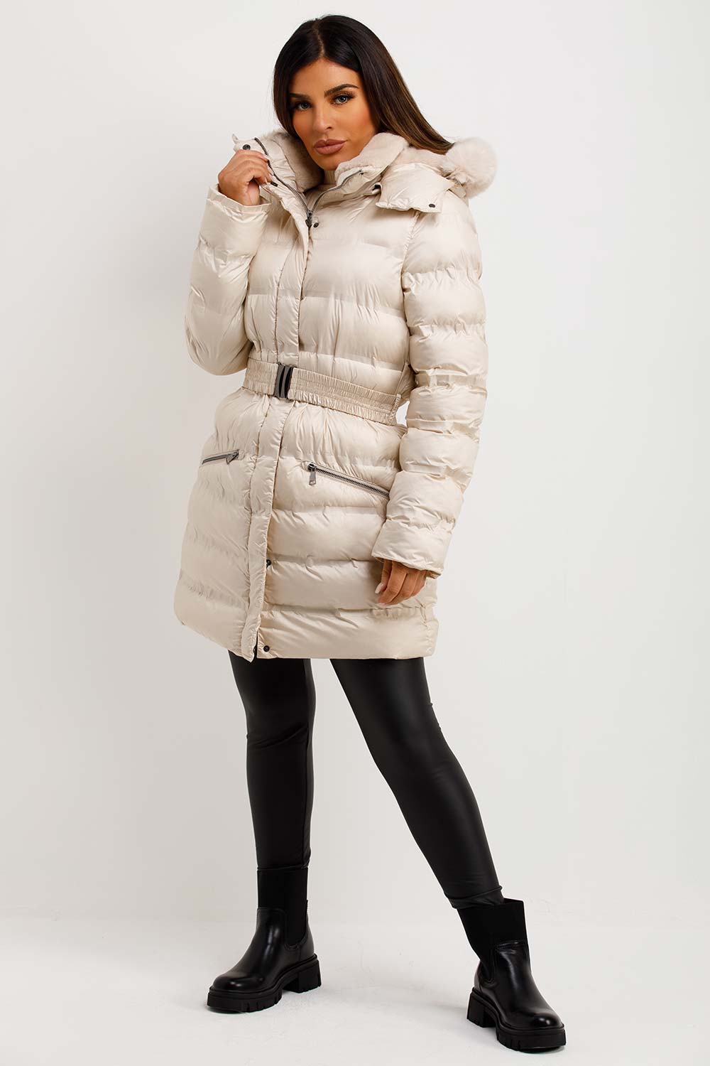 Puffer Padded Coat With Fur Hood And Belt Beige