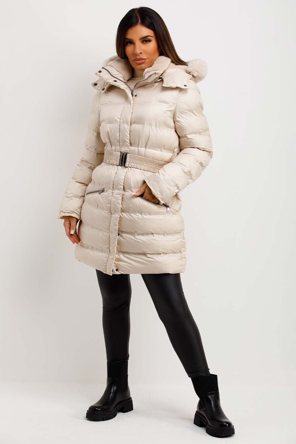 Puffer Padded Coat With Fur Hood And Belt Beige