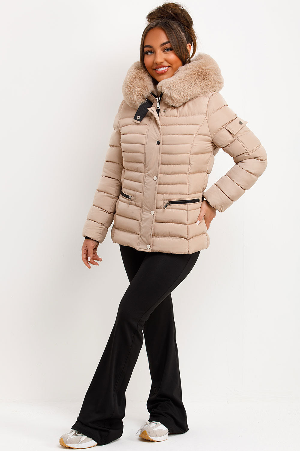 Puffer Jacket With Faux Fur Hood Side Buckle Detail Beige