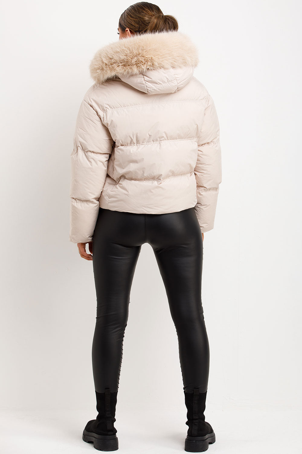 Puffer Jacket With Faux Fur Hood Beige