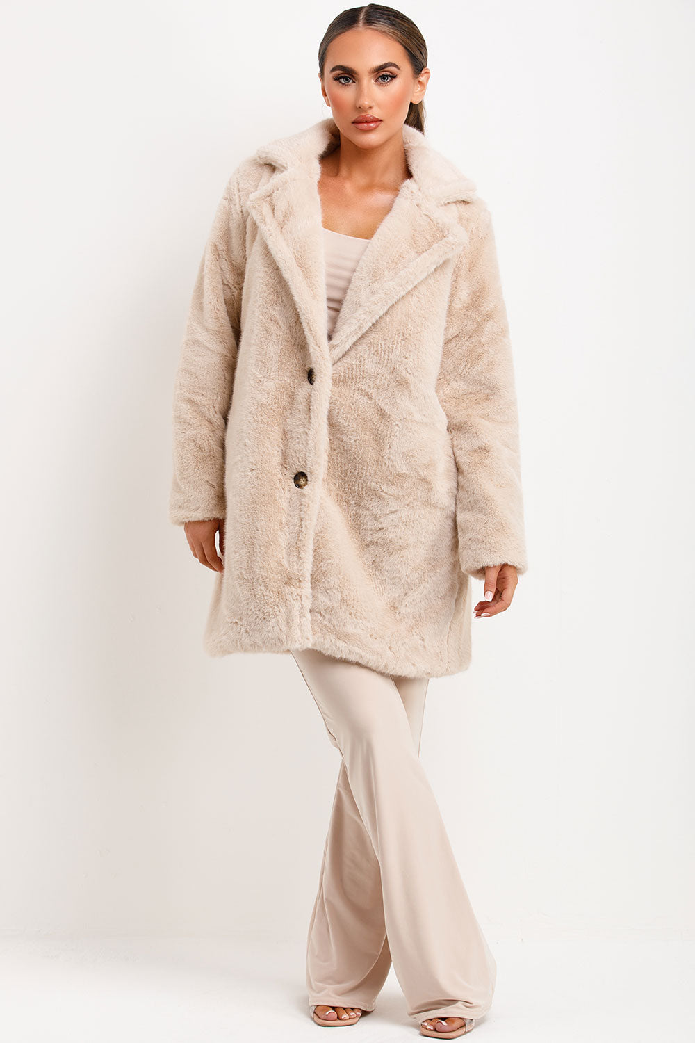 Faux Fur Coat With Lapel Collar Beige