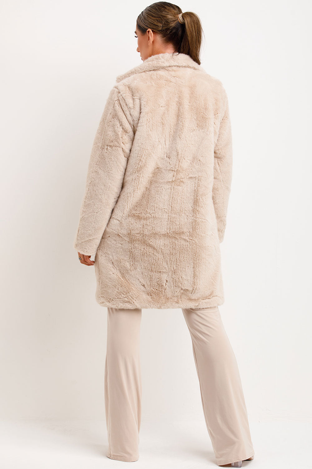 Faux Fur Coat With Lapel Collar Beige