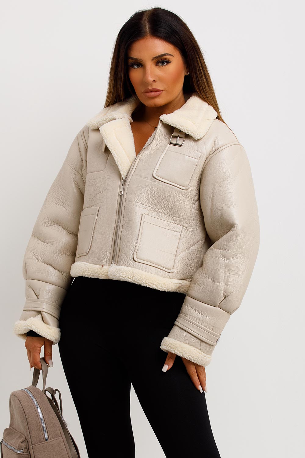 Crop Aviator Jacket Beige