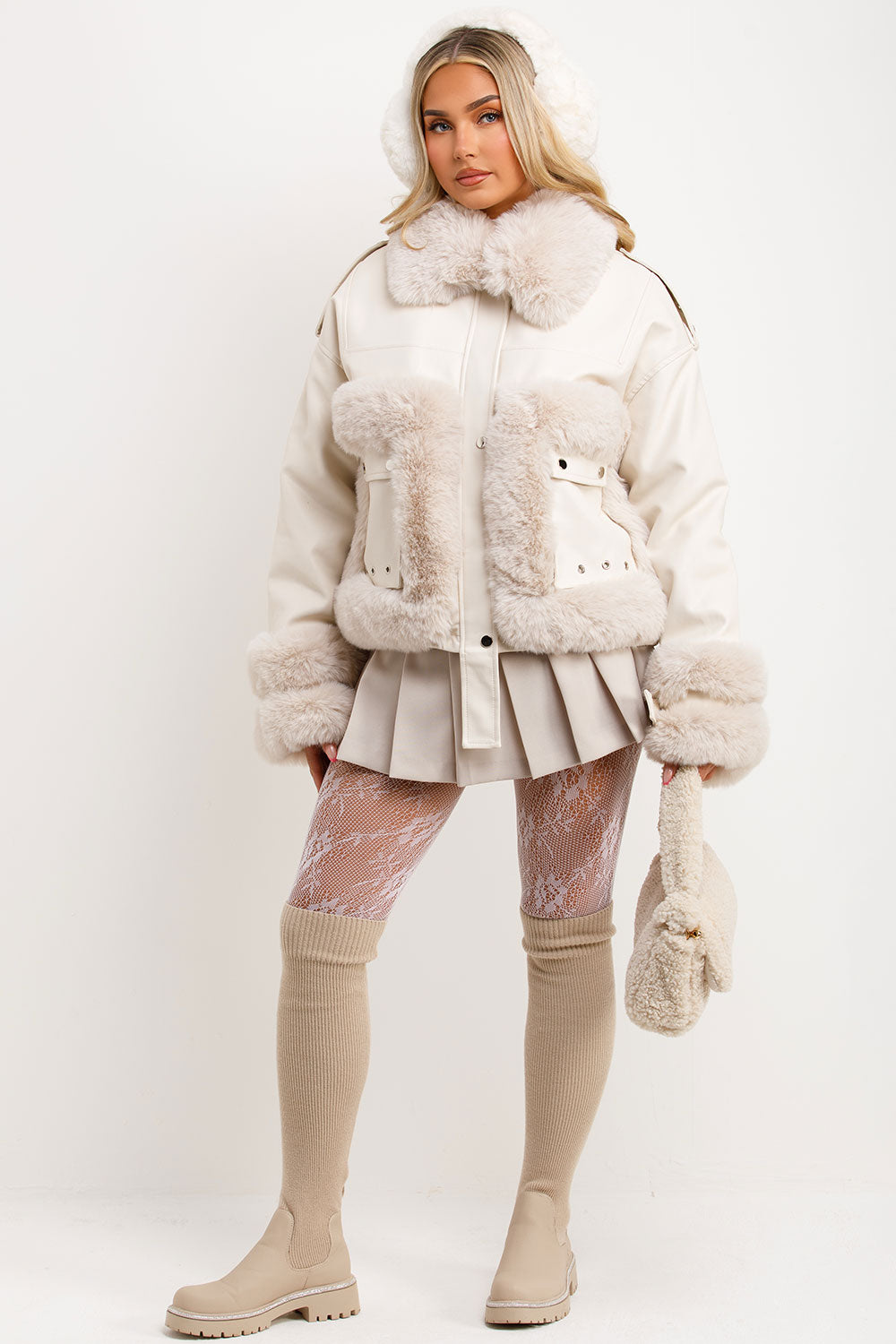 Faux Fur Trim Faux Leather Jacket Beige