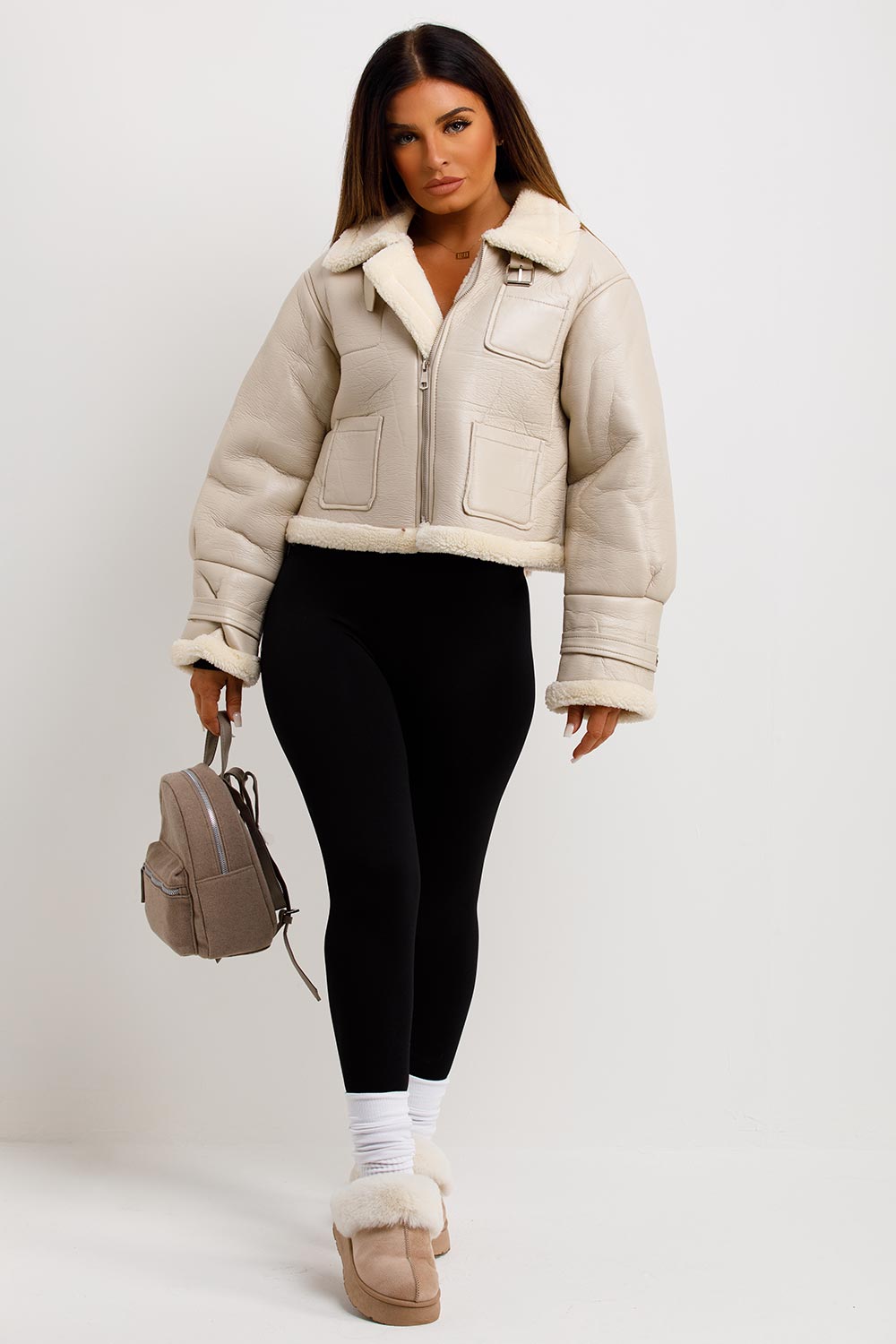 Crop Aviator Jacket Beige