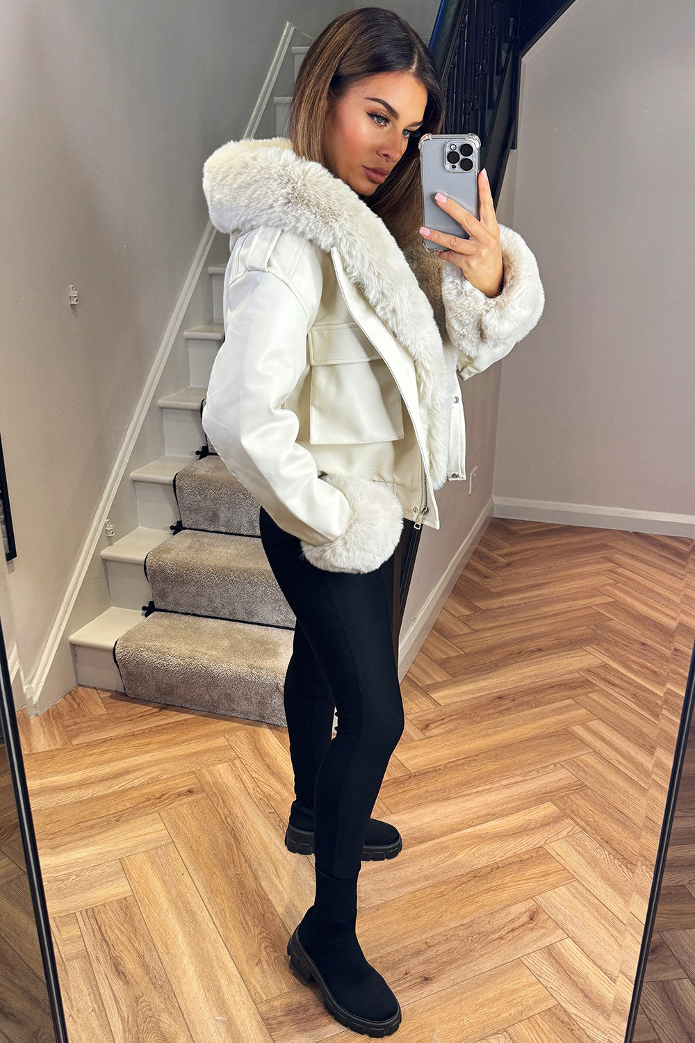 Faux Fur Bomber Jacket In Faux Leather Beige