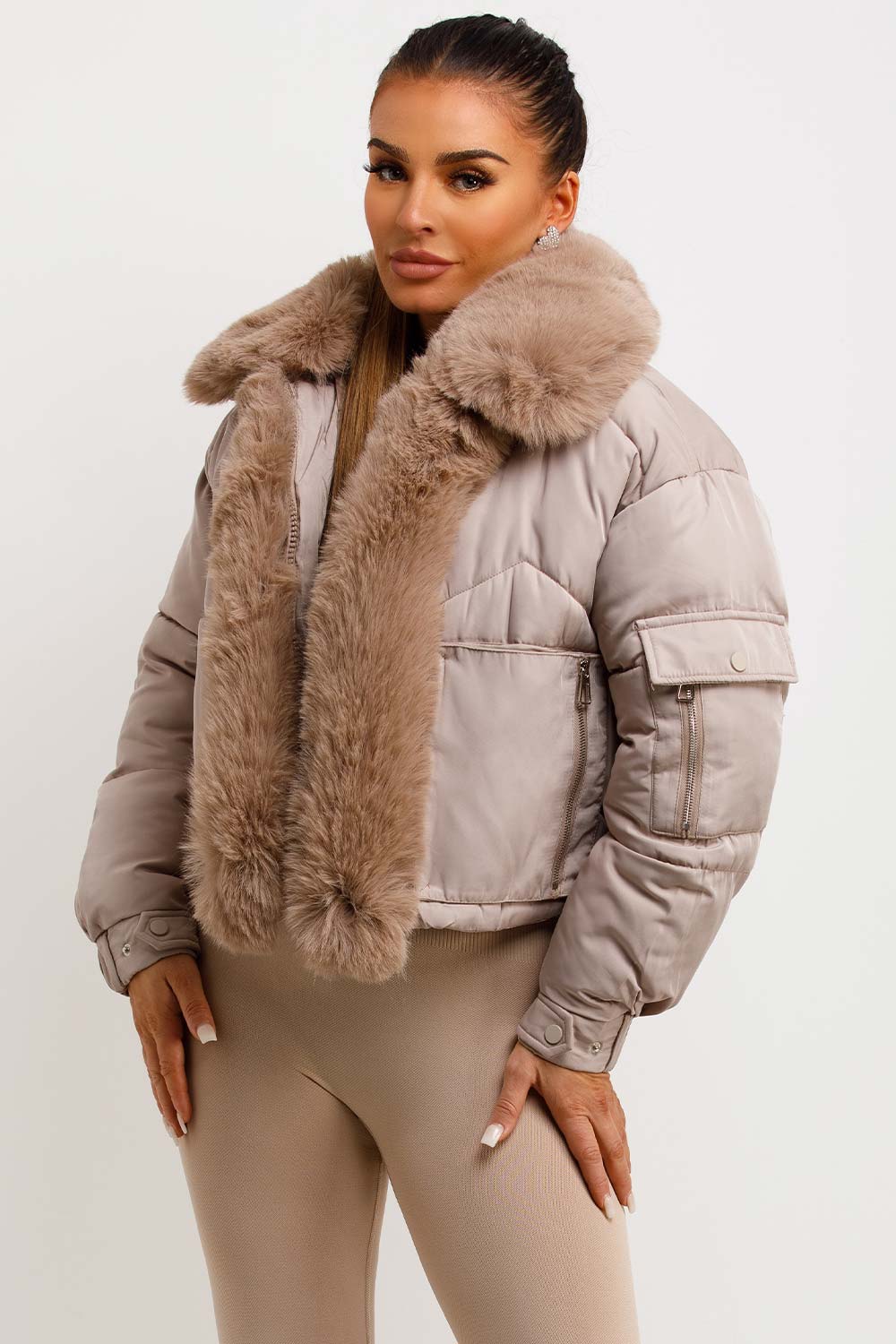 Puffer Jacket With Fur Trim Beige