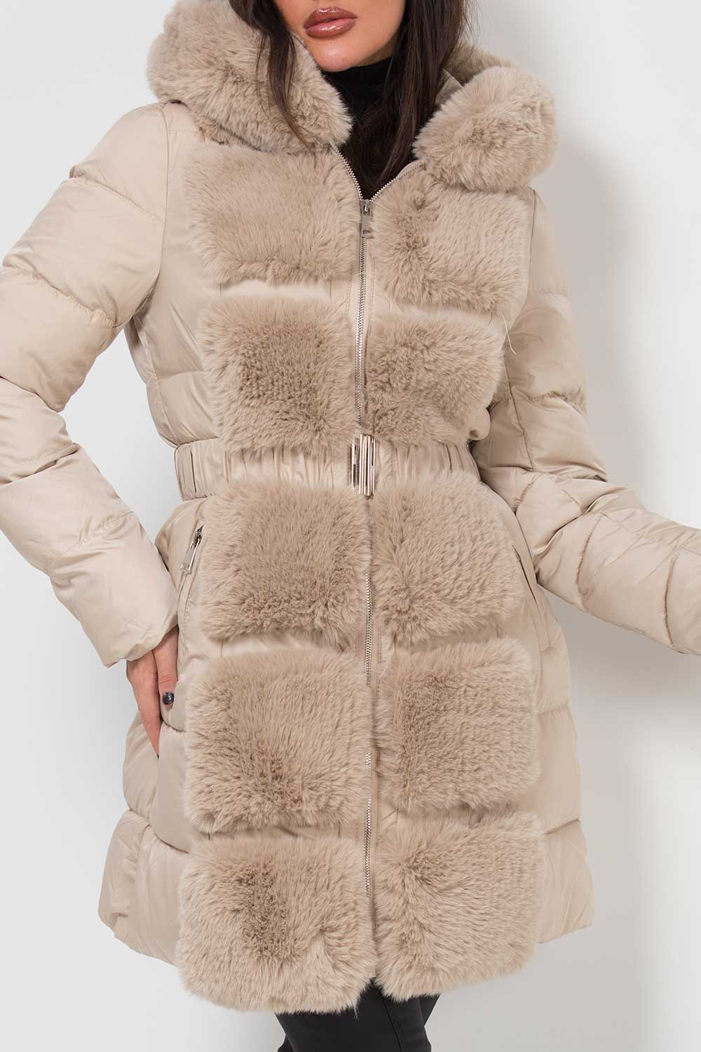 Long Puffer Coat With Faux Fur Hood And Trim Beige