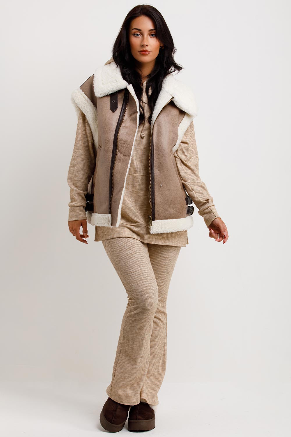 Faux Shearling Aviator Gilet In Faux Leather Beige