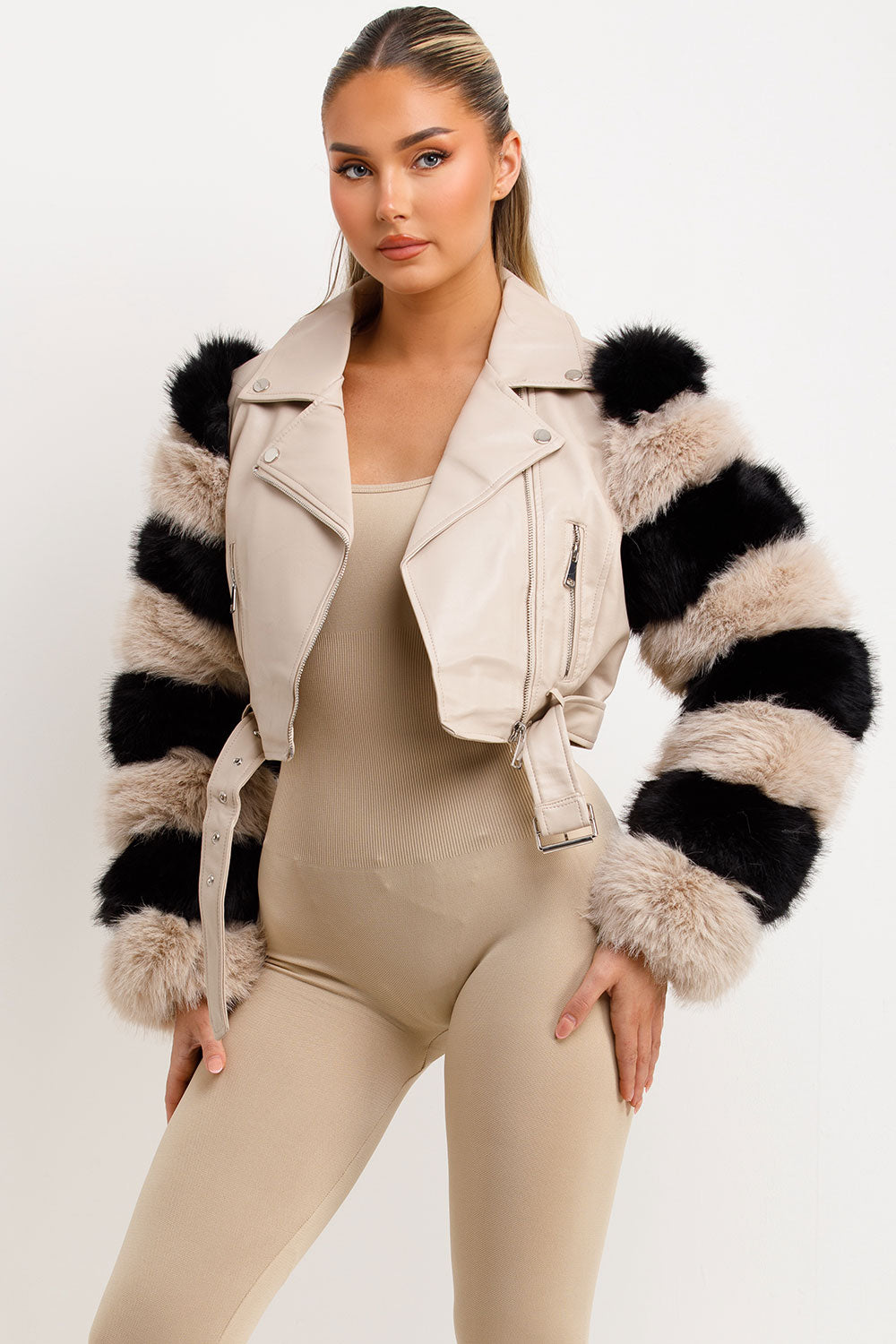 Faux Fur Faux Leather Aviator Jacket Beige Contrast