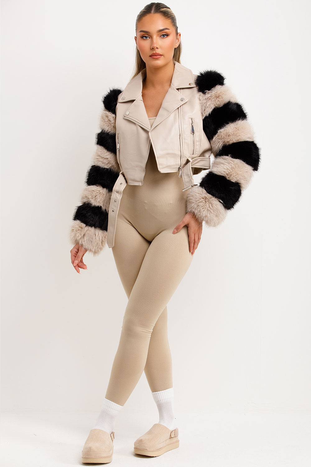 Faux Fur Faux Leather Aviator Jacket Beige Contrast