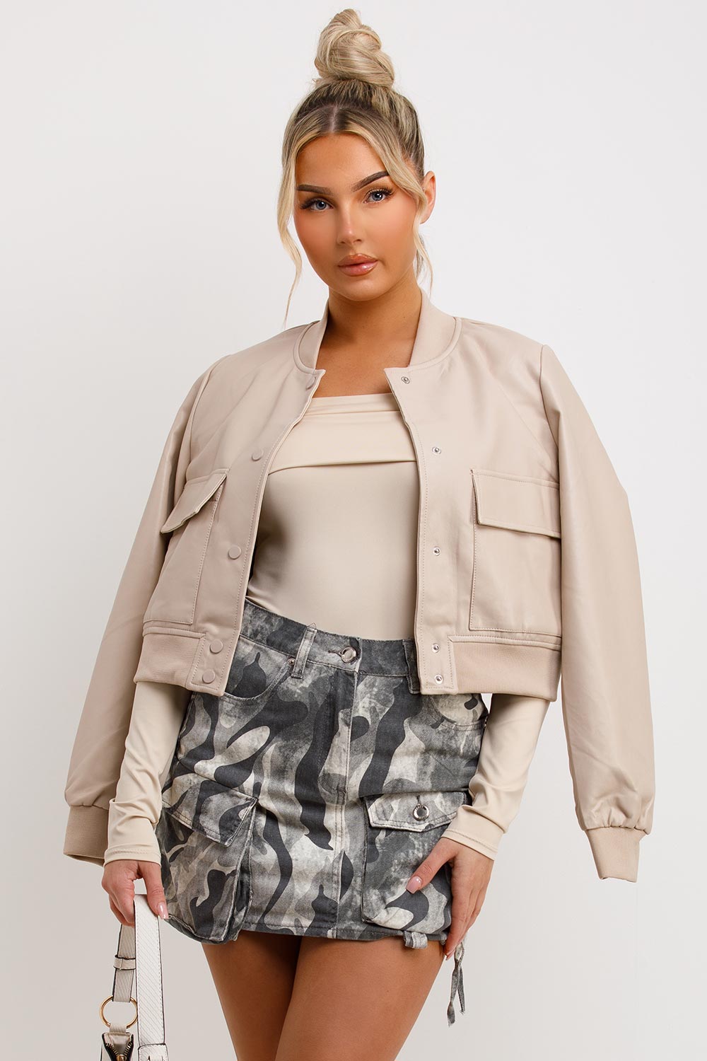 Beige Faux Leather Bomber Jacket