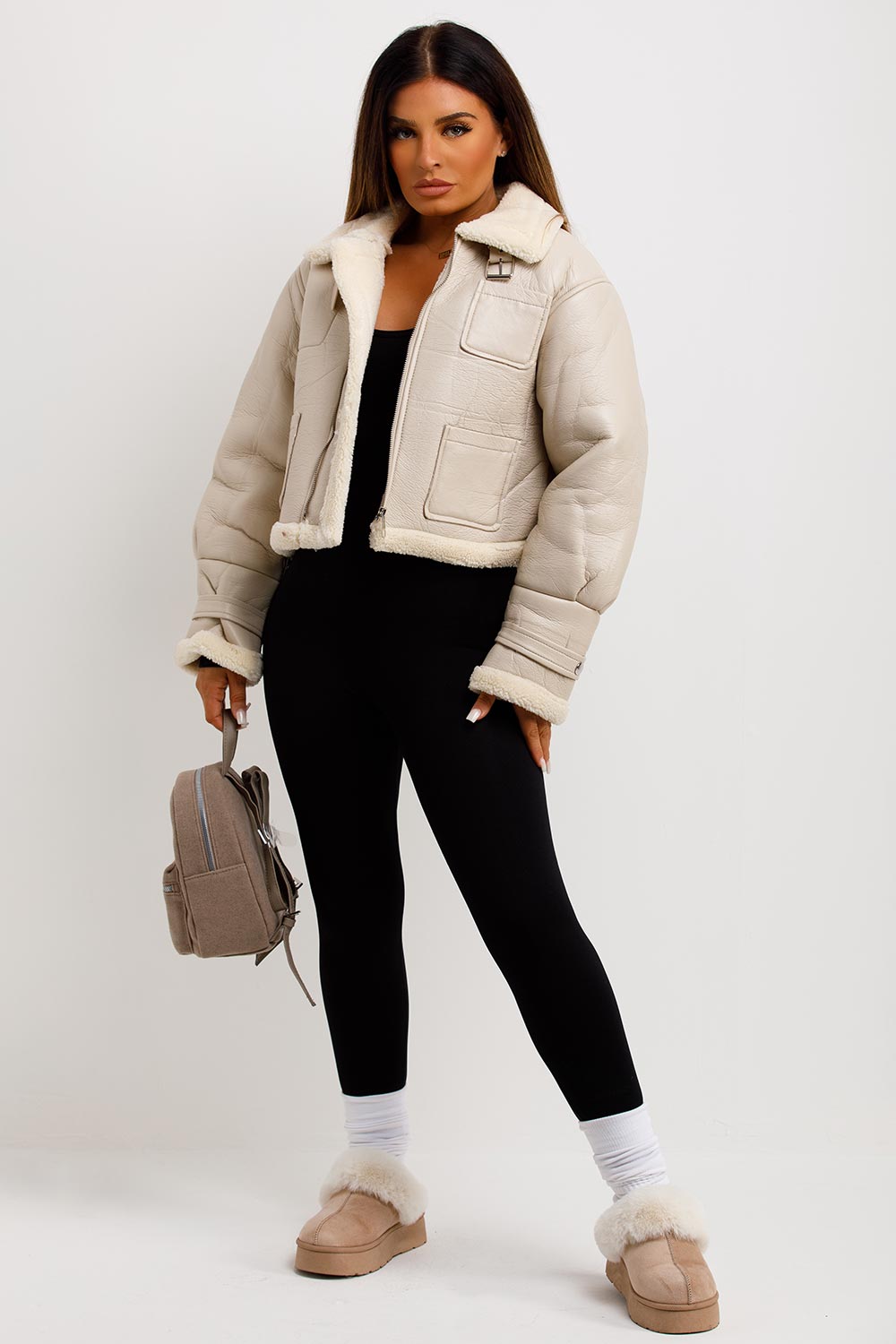 Crop Aviator Jacket Beige