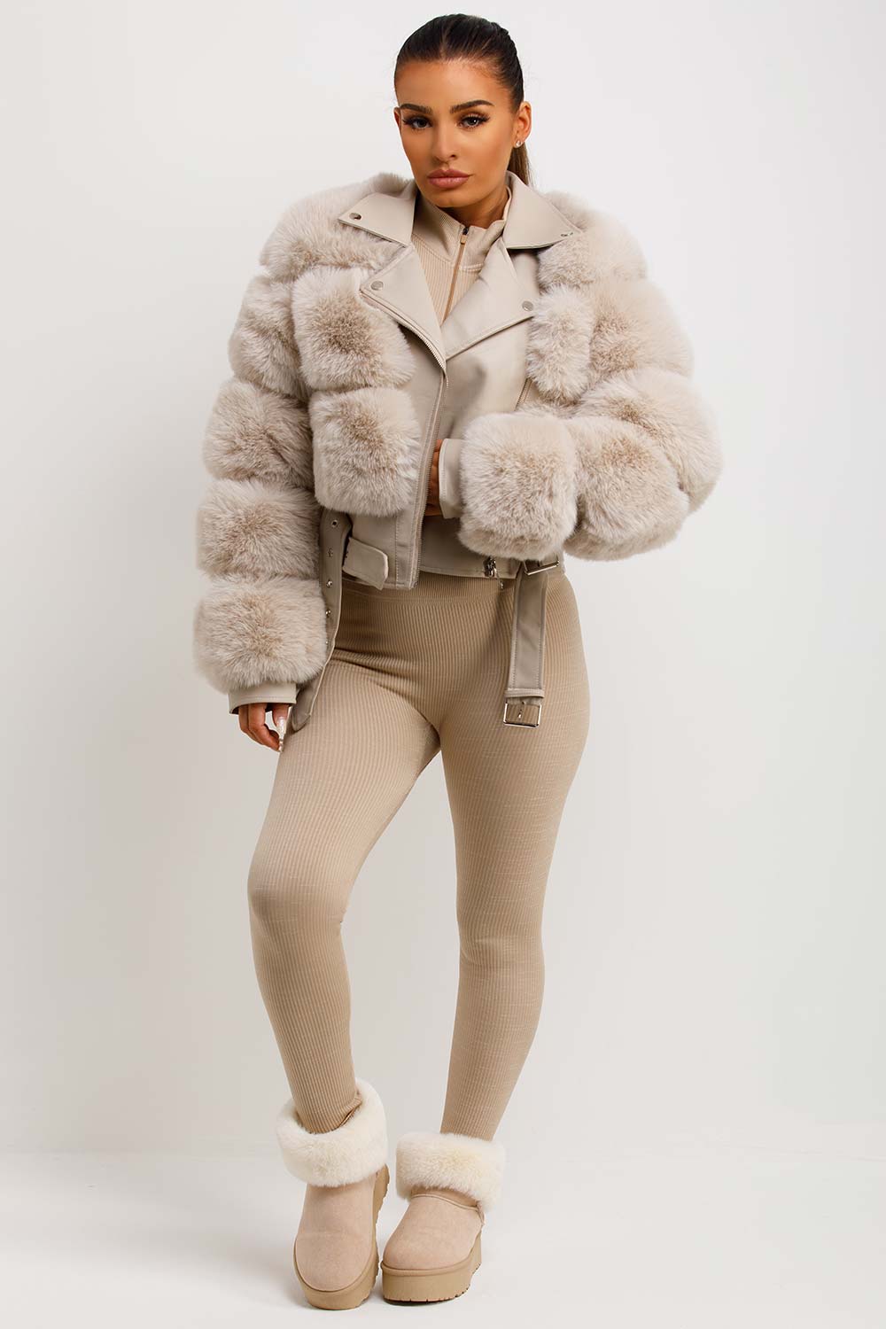 Faux Fur Faux Leather Aviator Jacket With Belt Beige