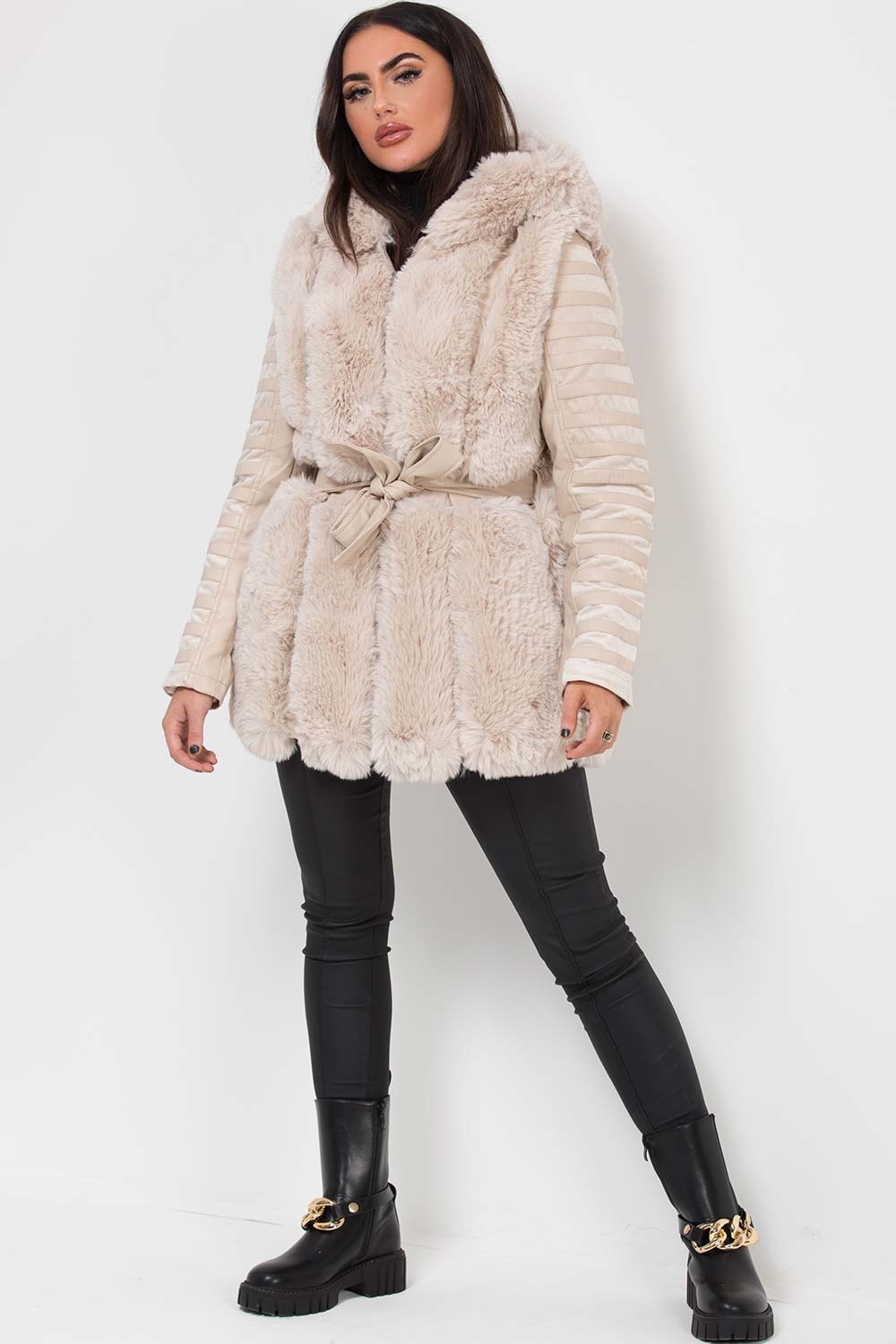 Faux Fur Faux Leather Hooded Panelled Sleeve Jacket Cream