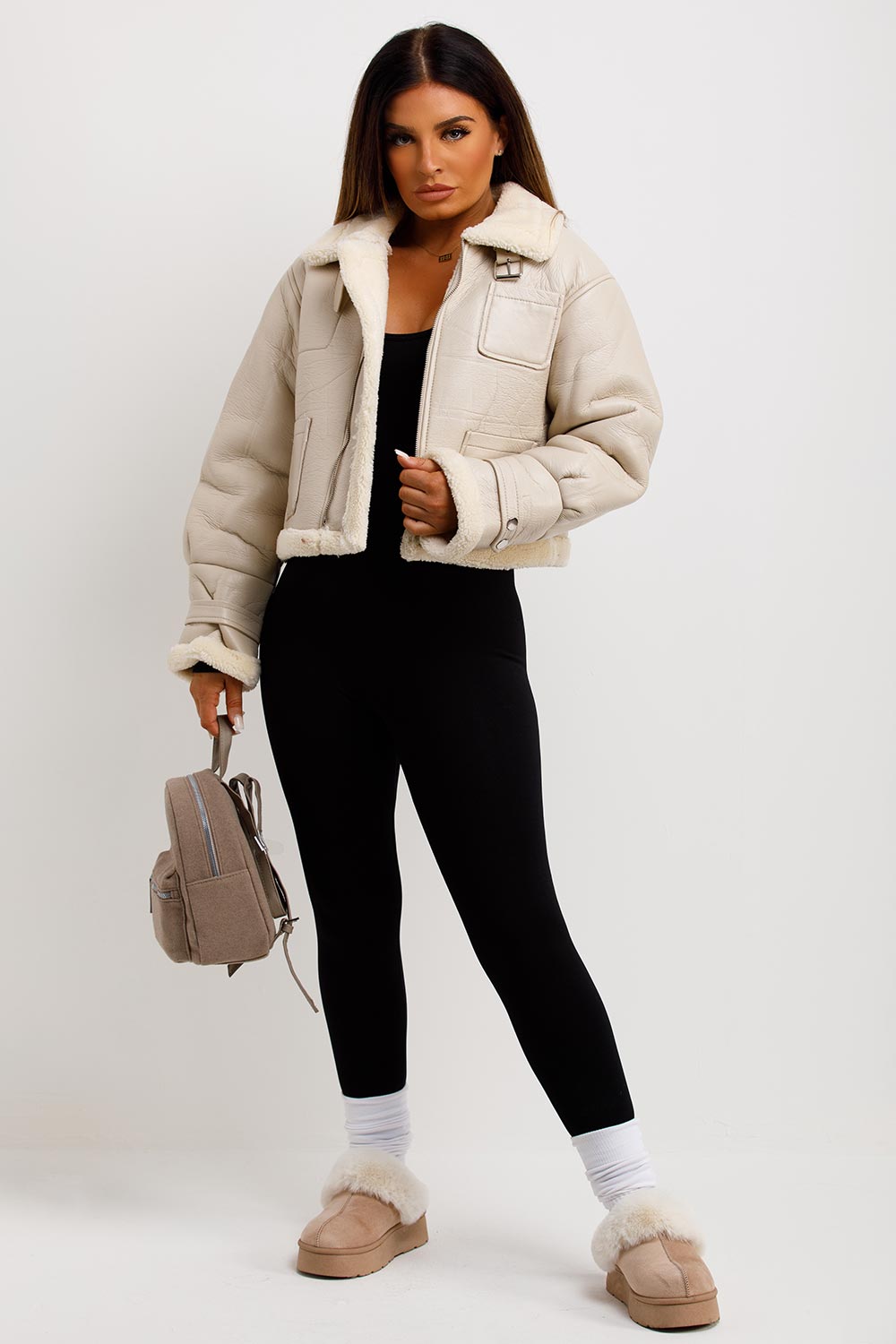 Crop Aviator Jacket Beige