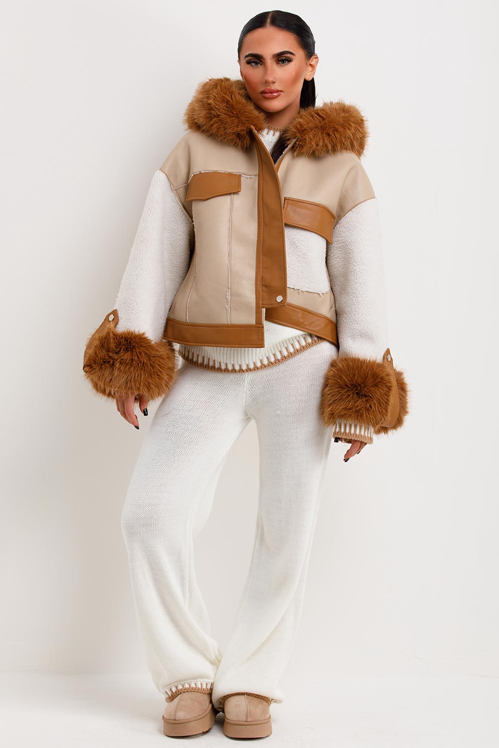 Shearling Faux Leather Jacket With Faux Fur Hood Beige