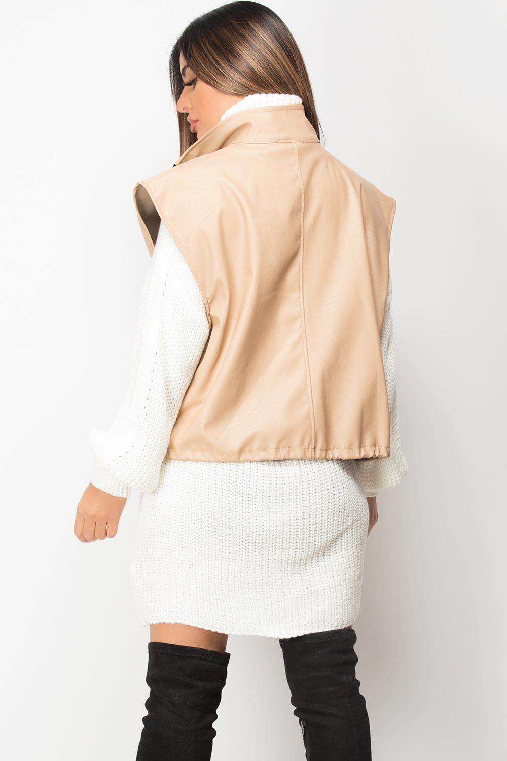 Faux Leather Sleeveless Jacket Beige